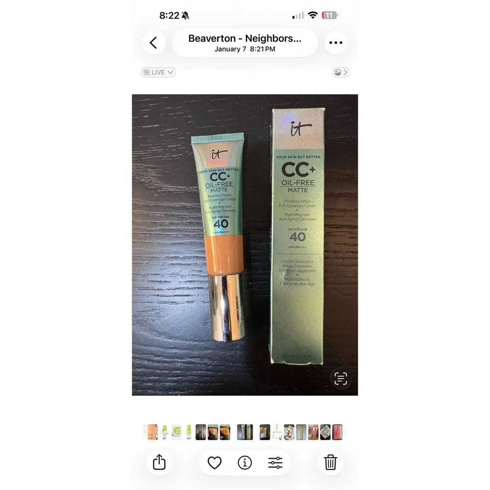 IT Cosmetics CC+Poreless Finish‎ Cream Oil Free Matte w/SPF 40– RICH HONEY NIB